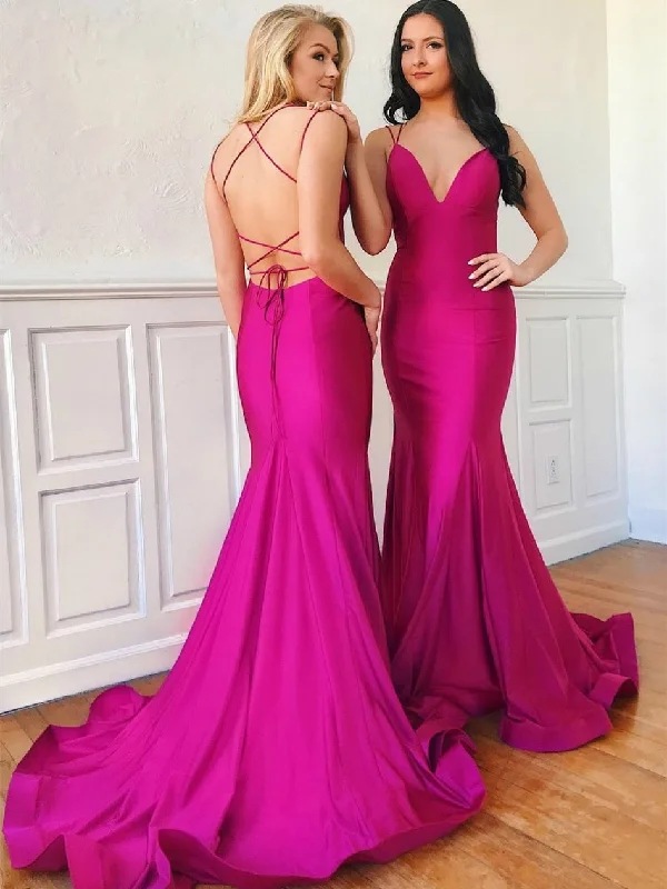 Savings Spectacular Mermaid V Neck Backless Hot Pink Long Prom Dresses, Delicate Bridesmaid Dresses, Mermaid Hot Pink Formal Dresses, Hot Pink Evening Dresses
