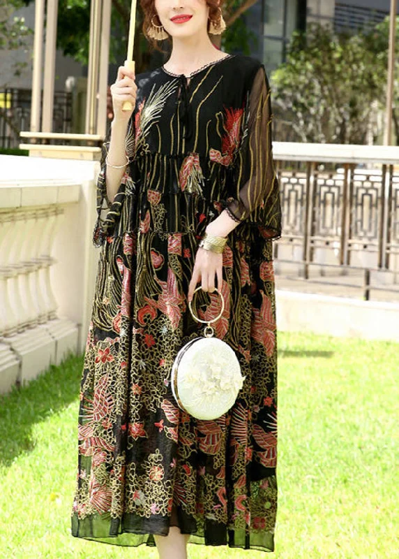 Amazing Deals Bohemian Black Embroideried Lace Up Silk A Line Dresses Summer