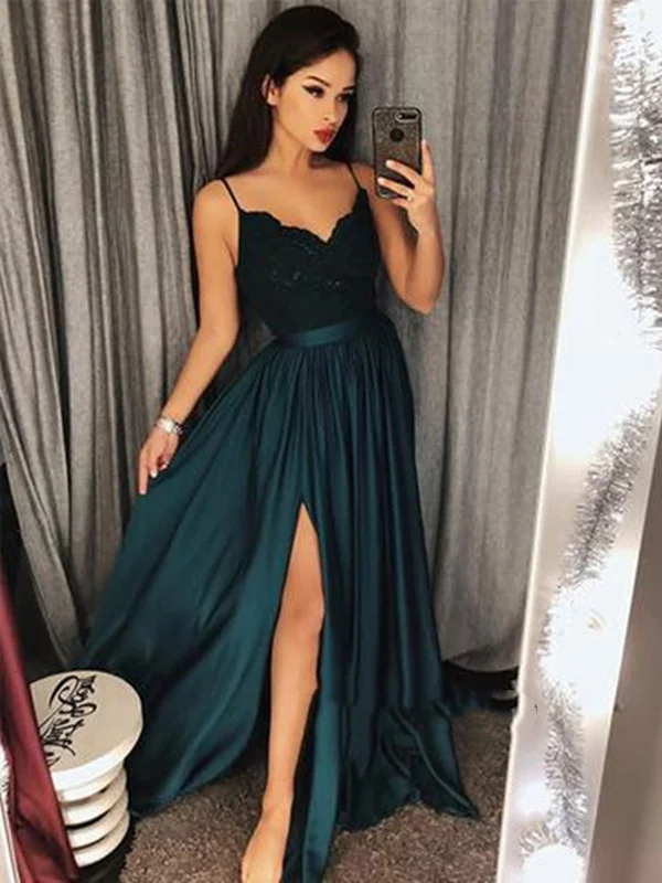 chic slip dresschic slip dressA Line Sweetheart Neck Dark Green Lace Prom Dress, Dark Green Formal Dress