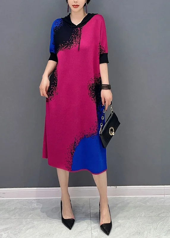 Price Drop DIY Colorblock Hooded Print Knit Maxi Dresses Half Sleeve