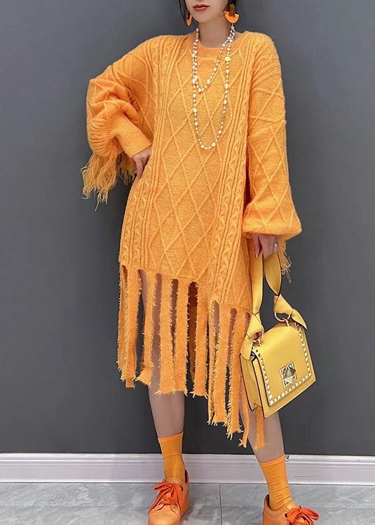 casual evening dresscasual evening dressChic Yellow O-Neck Tassel Knit Long Dresses Fall