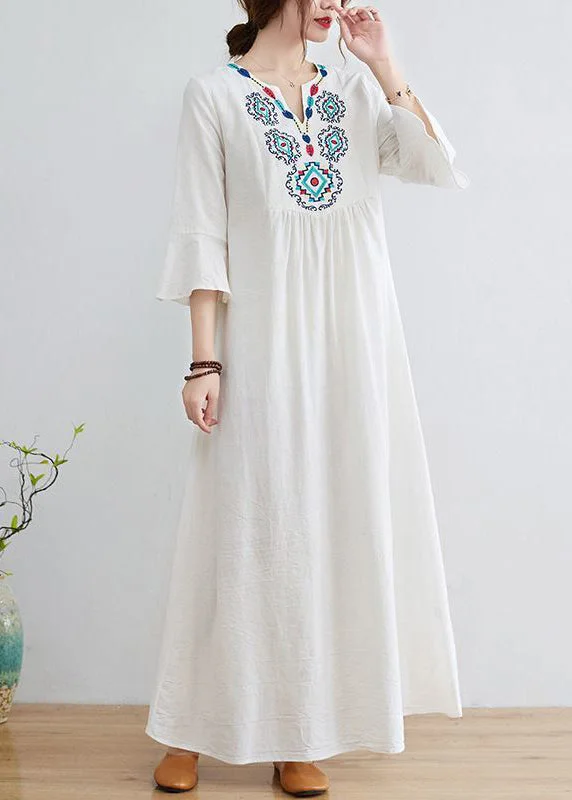 pleated dresspleated dressBoho White V Neck Embroideried Cotton A Line Dress Bracelet Sleeve