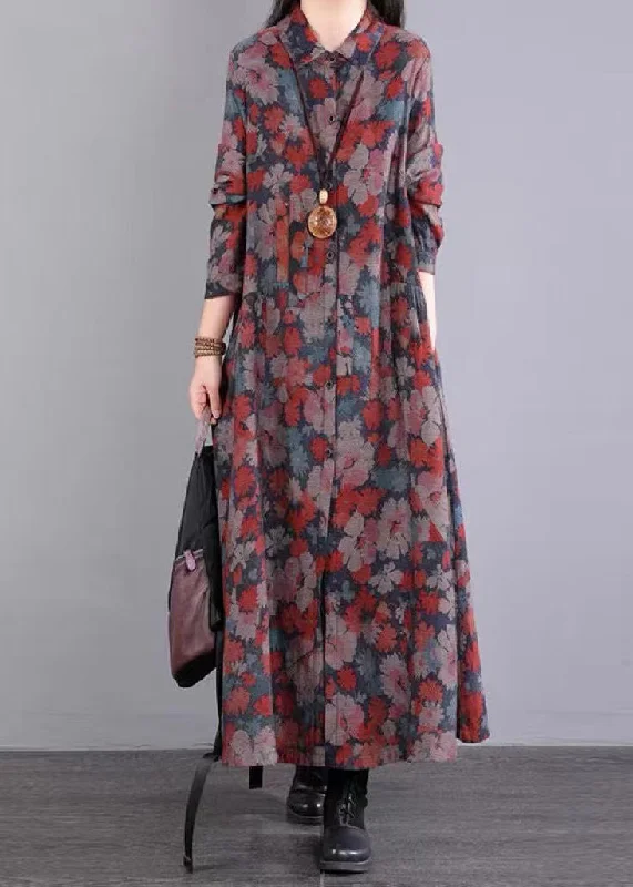 Today Only Vintage Red Print Peter Pan Collar Pockets Patchwork Cotton Dresses Fall