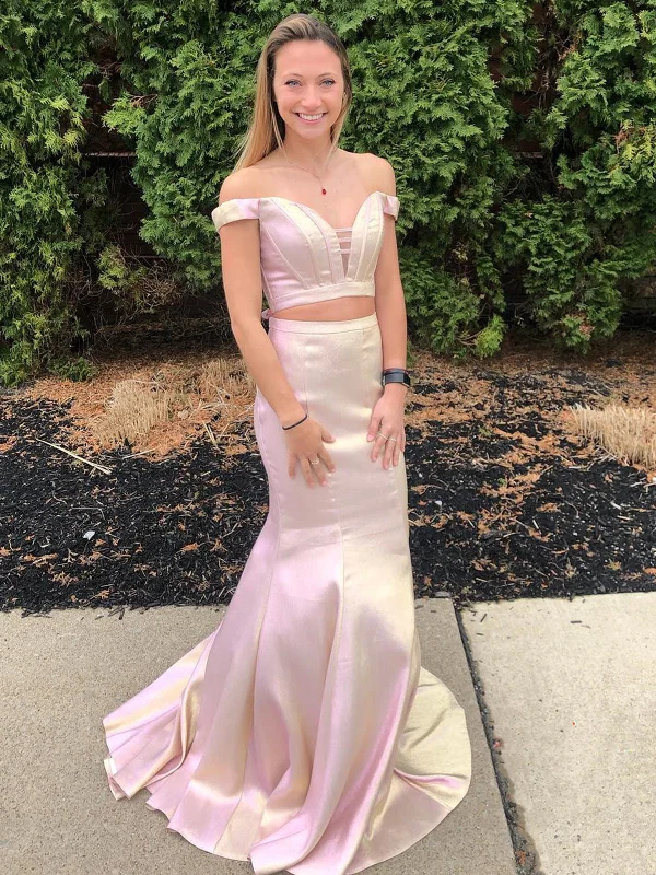 chic wrap dresschic wrap dressMermaid Off Shoulder Two Pieces Pink Long Prom Dresses, Mermaid Pink Formal Dresses, 2 Piece Pink Evening Dress SP2248