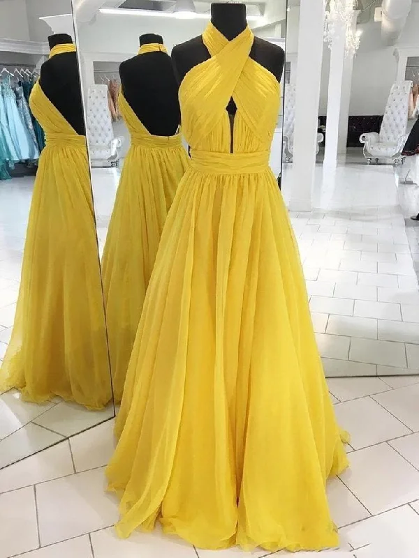 One-DAY Sale Halter Neck Backless Yellow Long Prom Dresses, Open Back Yellow Formal Dresses, Yellow Evening Dresses SP2107