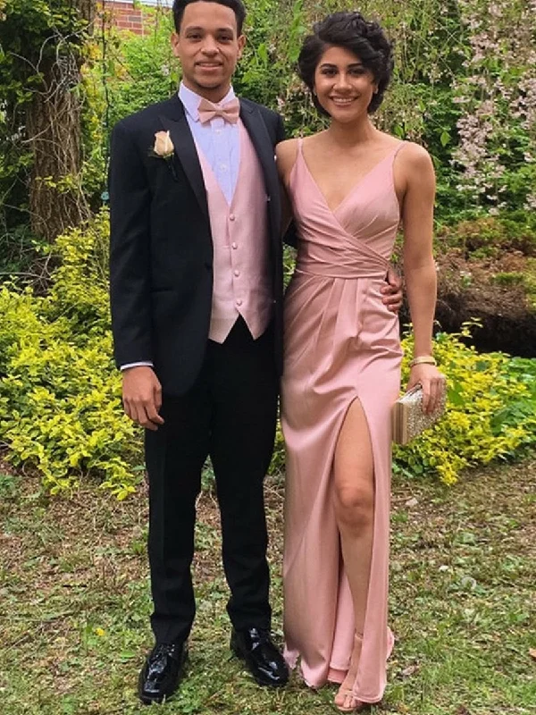 Sale Event A Line V Neck Backless Pink Satin Long Prom Dresses with Split, V Neck Backless Pink Formal Dresses, Backless Pink Evening Dresses