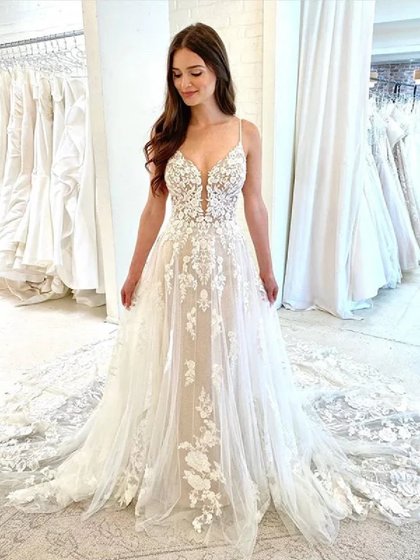 Savings Alert White Tulle V Neck Lace Floral Long Wedding Dresses, White Lace Prom Dresses, White Formal Evening Dresses
