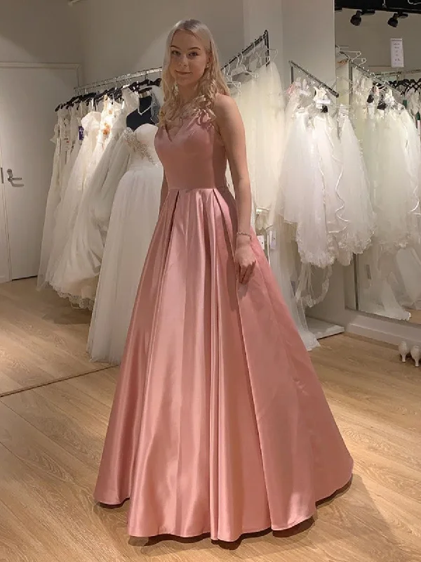 Exclusive Access Princess V Neck Satin Long Pink Prom Dresses with Cross Back, V Neck Pink Formal Graduation Evening Dresses Exclusive Access Princess V Neck Satin Long Pink Prom Dresses with Cross Back, V Neck Pink Formal Graduation Evening Dresses