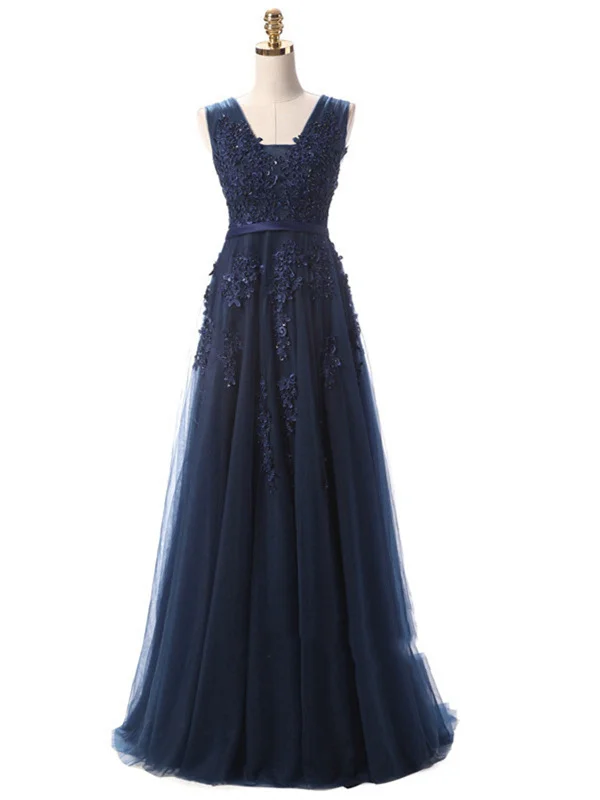 Bargain Blast A Line Round Neck Sleeveless Navy Blue Lace Prom Dress, Navy Blue Lace Bridesmaid Dress Bargain Blast A Line Round Neck Sleeveless Navy Blue Lace Prom Dress, Navy Blue Lace Bridesmaid Dress
