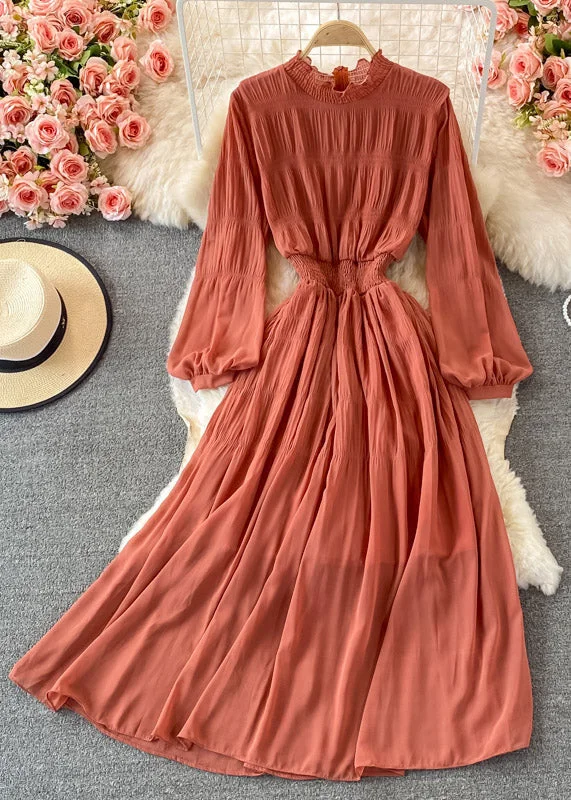 cocktail party dresscocktail party dressVogue Orange Stand Collar Ruffled Tunic Chiffon Long Dresses Long Sleeve