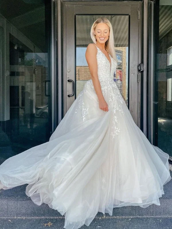 Price Fest V Neck Ivory Lace Floral Long Prom Dresses with Train, Ivory Lace Wedding Dresses, Ivory Formal Evening Dresses SP2164