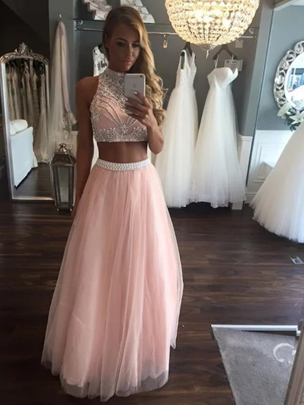 Reduced Prices Pink A Line High Neck Two Pieces Beading Tulle Long Prom Dresses, Two Pieces Pink Formal Dresses, Evening Dresses