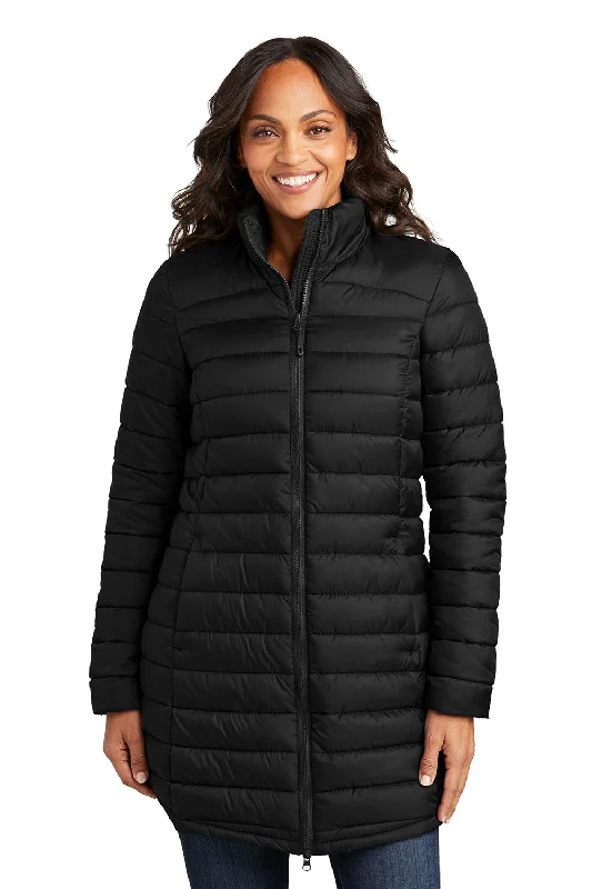 New Markdowns Port Authority Womens Horizon Water Resistant Full Zip Long Puffy Jacket - Deep Black