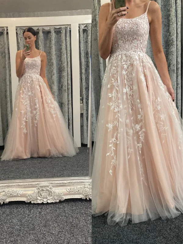 mini dressmini dressA Line Spaghetti Straps Champagne Lace Long Prom Dresses, Champagne Lace Formal Graduation Evening Dresses SP3004