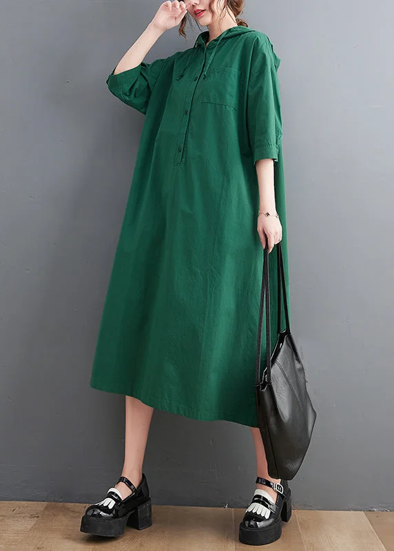Online Exclusive Casual Green Button Neck Tie Cotton Hooded Long Dress Summer