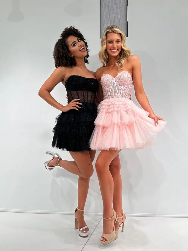 mini dressmini dressStrapless Sweetheart Neck Layered Pink Lace Prom Dresses, Pink Lace Homecoming Dresses, Short Pink Formal Evening Dresses SP3031