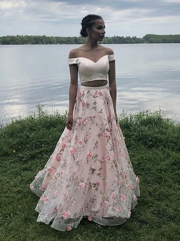 Closeout Off Shoulder Two Pieces Floor Length Appliques Pink Prom Dresses, Off Shoulder Pink Formal Dresses, Pink Evening Dresses
