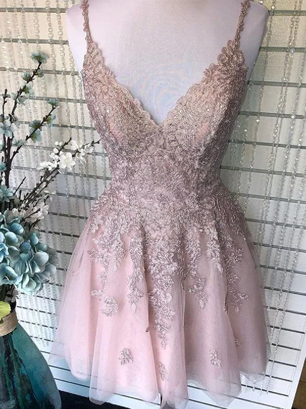 denim dressdenim dressCute A Line V Neck Backless Short Pink Lace Prom Dresses, Backless Pink Lace Formal Graduation Homecoming Dresses