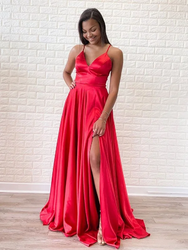 Sale Event Simple A Line V Neck Red Satin Long Prom Dresses with Slit, V Neck Red Formal Dresses, Red Evening Dresses Sale Event Simple A Line V Neck Red Satin Long Prom Dresses with Slit, V Neck Red Formal Dresses, Red Evening Dresses
