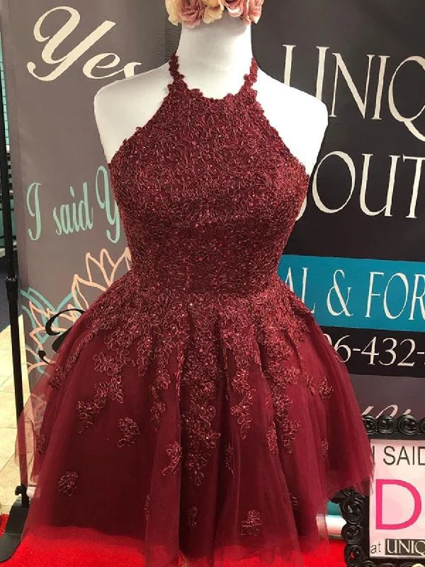 cocktail dresscocktail dressHalter Neck Backless Short Burgundy Lace Prom Dresses, Burgundy Lace Formal Graduation Homecoming Dresses