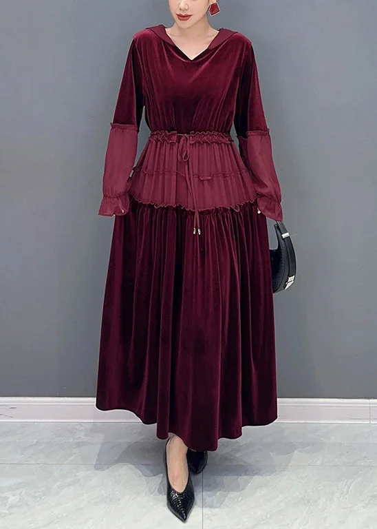 Super Deal Elegant Wine Red Ruffled Lace Up Patchwork Velour Long Dresses Fall