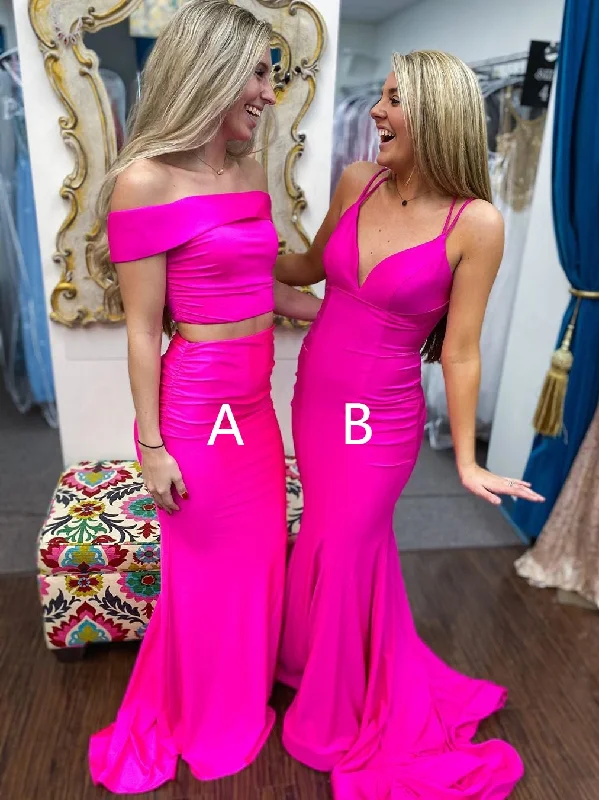 midi dressmidi dressV Neck Off Shoulder Two Pieces Mermaid Long Hot Pink Prom Dresses, Off Shoulder Mermaid Hot Pink Formal Dresses, 2 Pieces Mermaid Hot Pink Evening Dresses