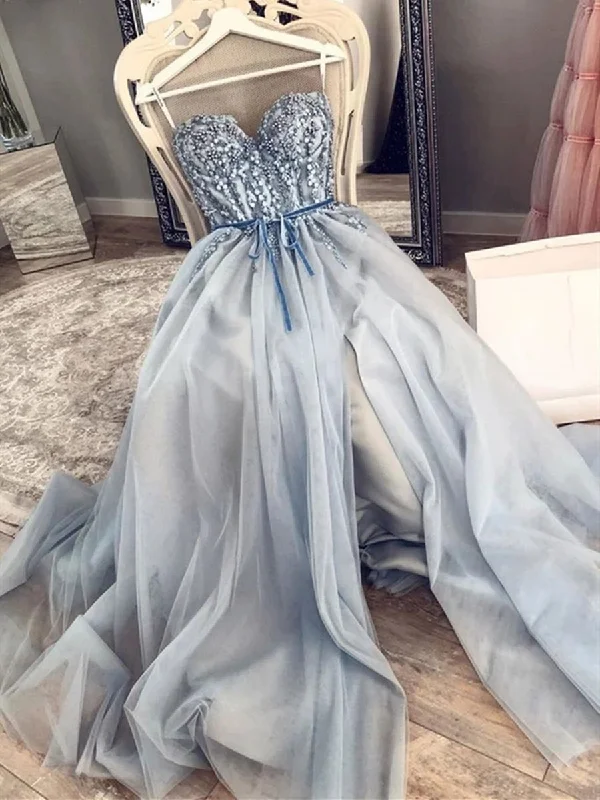 Final Sale Strapless Sweetheart Neck Beaded Blue Long Prom Dresses with High Slit, Blue Formal Dresses, Evening Dresses Final Sale Strapless Sweetheart Neck Beaded Blue Long Prom Dresses with High Slit, Blue Formal Dresses, Evening Dresses