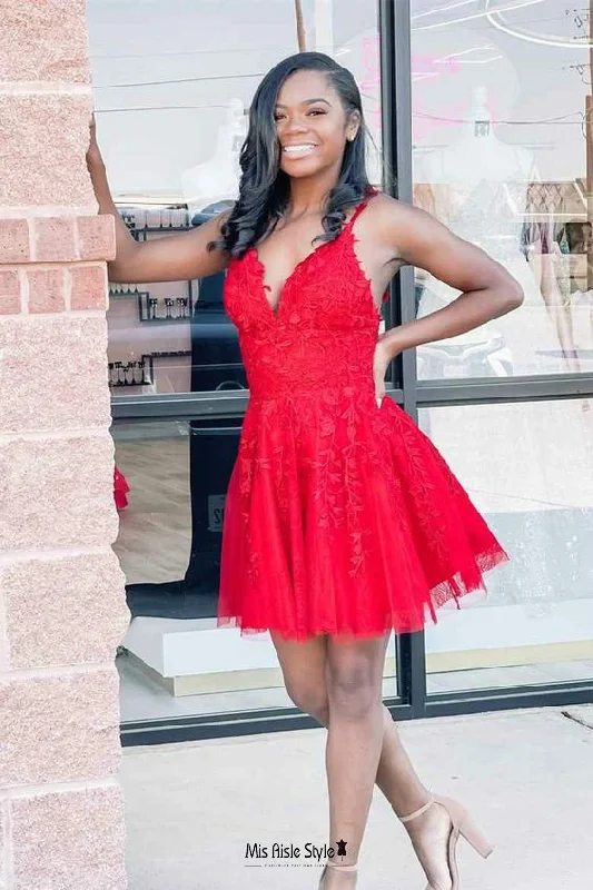 high-waisted dresshigh-waisted dressShort Red Lace and Tulle Homecoming Dress