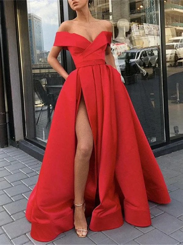Deal Dash Off Shoulder High Slit Red Long Prom Dresses, Off the Shoulder Formal Dresses, Red Evening Dresses