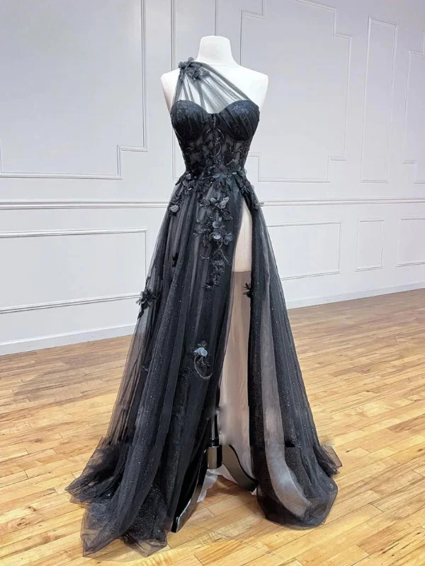 one-shoulder dressone-shoulder dressOne Shoulder Black Lace Floral Long Prom Dresses with High Slit, Black Lace Formal Graduation Evening Dresses SP2509