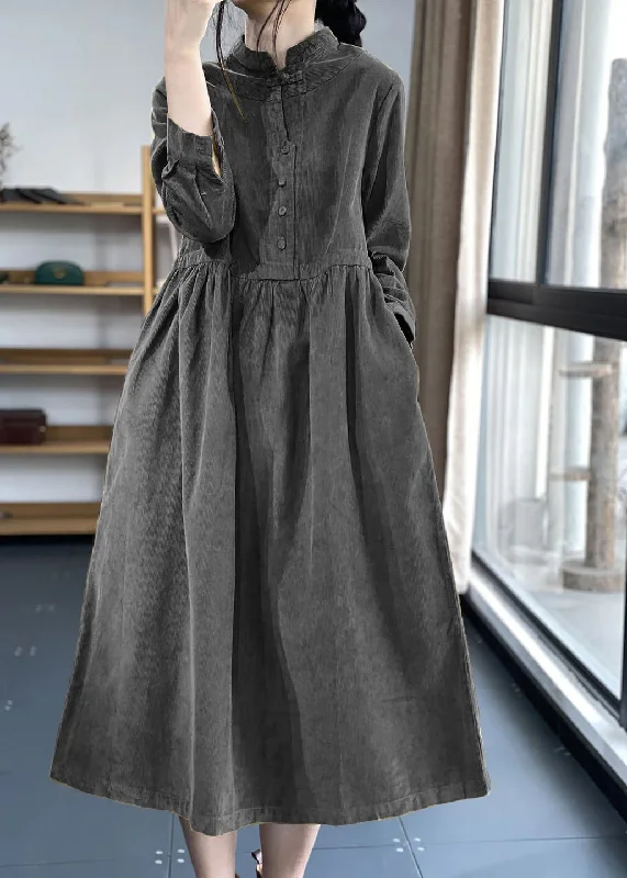 Deal Dash Black Button Pockets Corduroy Dresses Winter