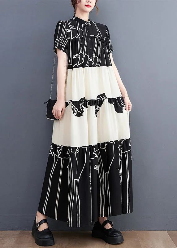 Value Deals French Black Stand Collar Print Patchwork Long Dress Short Sleeve