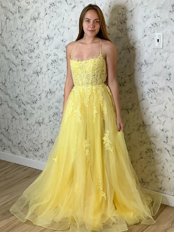 Weekend Deal A Line Backless Tulle Long Lace Appliques Yellow Prom Dresses, Backless Yellow Lace Formal Dresses, Lace Yellow Evening Dresses Weekend Deal A Line Backless Tulle Long Lace Appliques Yellow Prom Dresses, Backless Yellow Lace Formal Dresses, Lace Yellow Evening Dresses