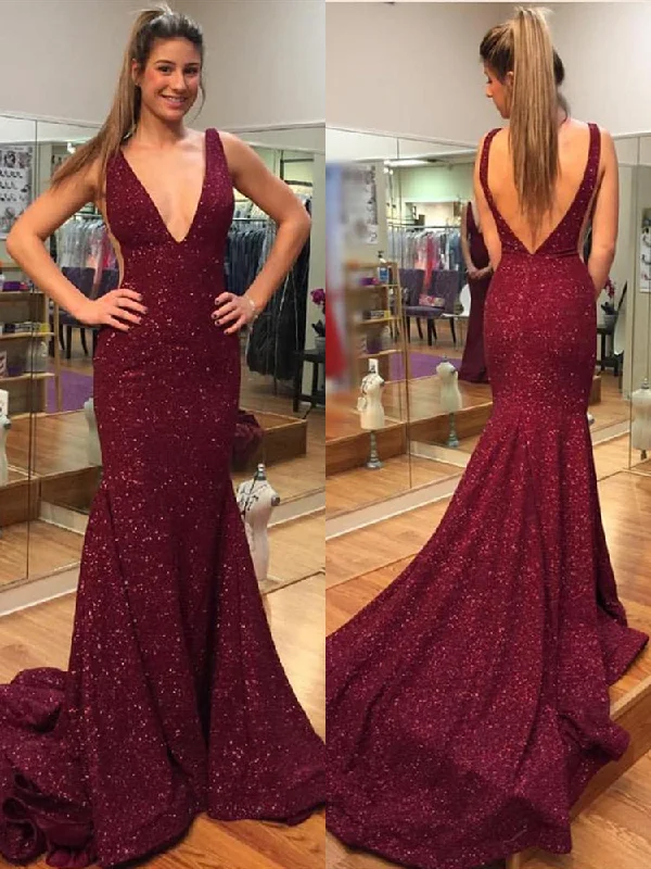 off-shoulder dressoff-shoulder dressElegant Burgundy V Neck Mermaid Backless Sequins Long Prom Dresses with Sweep Train, Mermaid Burgundy Formal Dresses, Evening Dresses