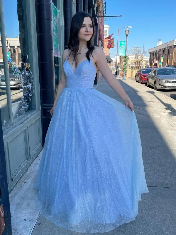 Deal Dash Shiny V Neck Backless Light Blue Long Prom Dresses, V Neck Light Blue Formal Dresses, Blue Evening Dresses SP2098
