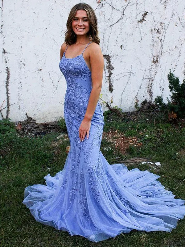 statement dressstatement dressMermaid Backless Blue Lace Long Prom Dresses, Mermaid Blue Formal Dresses, Blue Lace Evening Dresses SP2286