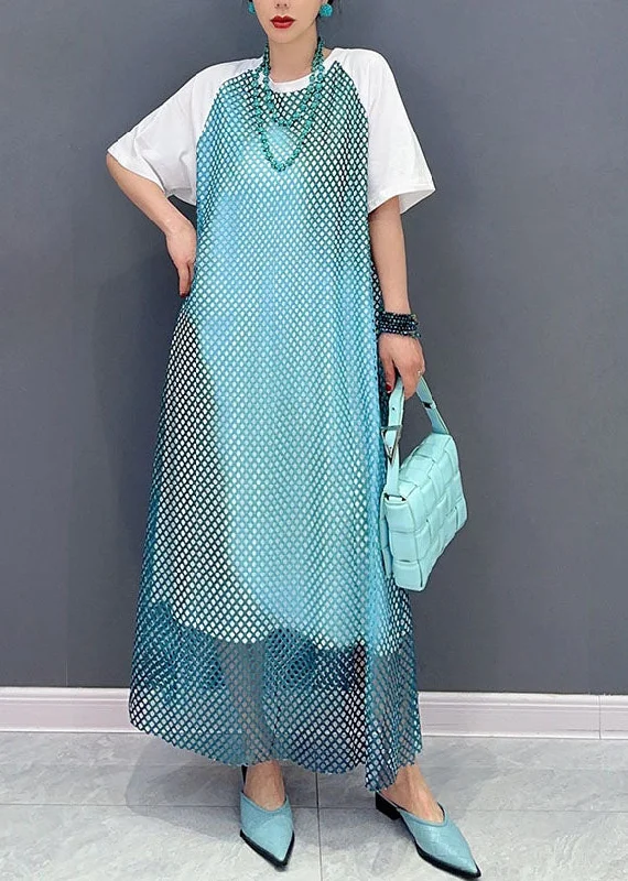 spaghetti strap dressspaghetti strap dressModern Blue O Neck Patchwork Sheer Mesh Cotton Dress Short Sleeve