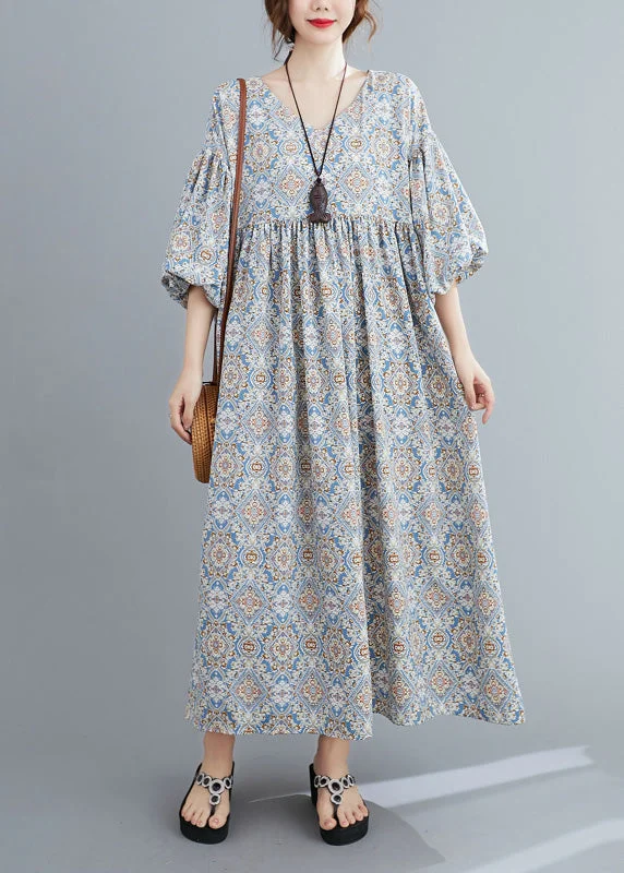 Year-End Sale Casual Light Blue Print Wrinkled Long Dresses Lantern Sleeve