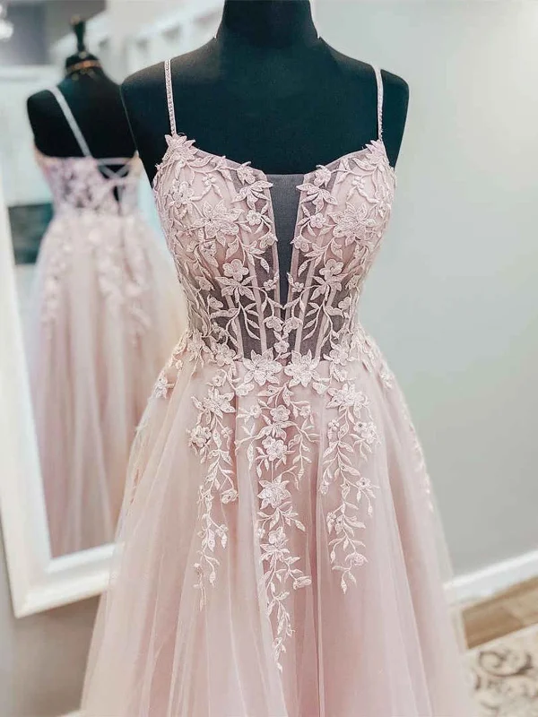 boho-chic dressboho-chic dressA Line V Neck Pink Tulle Lace Long Prom Dresses, Open Back Pink Formal Dresses, Pink Lace Evening Dresses SP2277