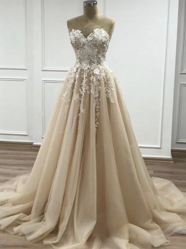Customer Appreciation Sale Sweetheart Neck Champagne Lace Floral Long Prom Dresses, Strapless Champagne Lace Formal Evening Dresses SP2176