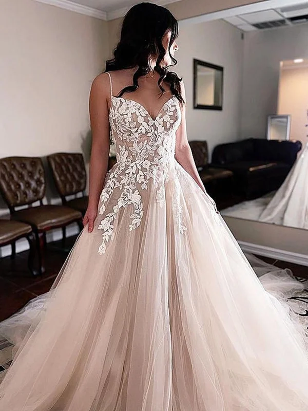 Year-End Sale V Neck Champagne Lace Long Prom Dresses, Champagne Lace Wedding Dresses, Champagne Formal Evening Dresses SP2192