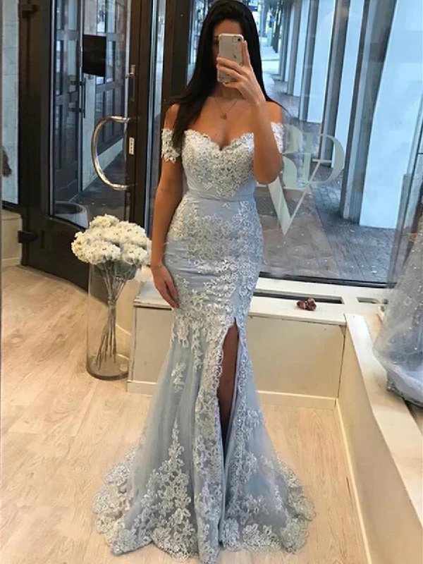 Reduced Prices Off Shoulder Mermaid Light Blue Lace Long Prom Dresses, Off Shoulder Light Blue Formal Dresses, Mermaid Light Blue Evening Dresses