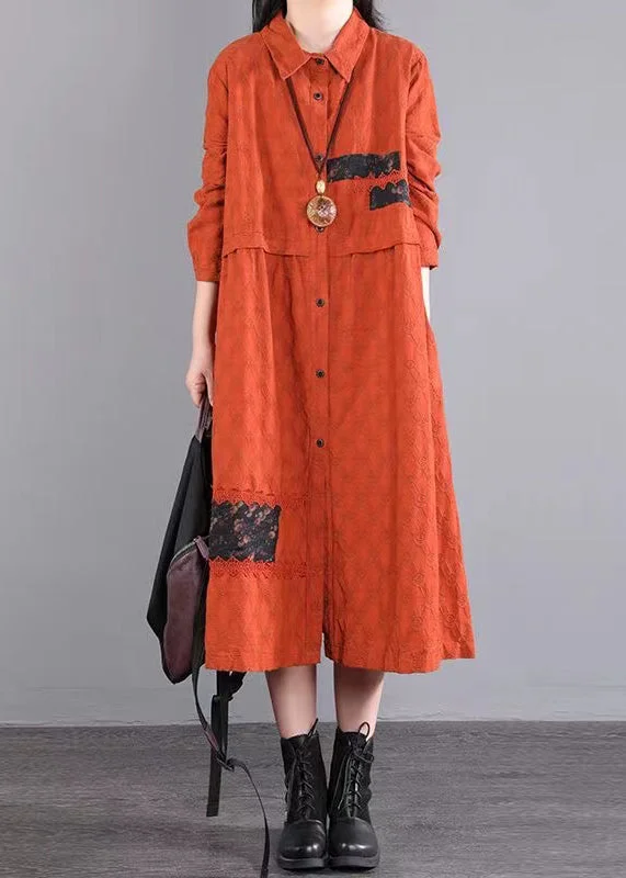 Deal Explosion French Orange Peter Pan Collar Patchwork Cotton Shirts Dress Fall