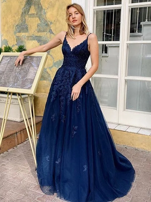 Big Discounts A Line V Neck Backless Navy Blue Lace Long Prom Dresses 2020, Open Back Navy Blue Lace Formal Dresses, Navy Blue Lace Evening Dresses