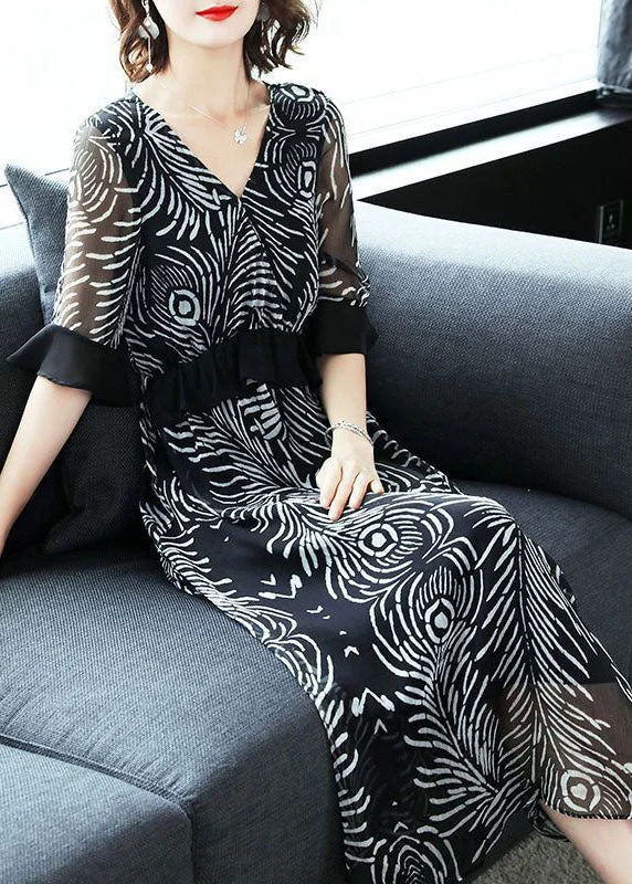 Epic Deals Fine Black V Neck Ruffles Print Chiffon Long Dress Summer