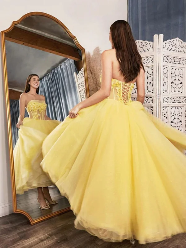 trendy mini dresstrendy mini dressStrapless Yellow Lace Floral Tea Length Prom Dresses, Yellow Lace Formal Dresses, Tea Length Yellow Evening Dresses SP2375