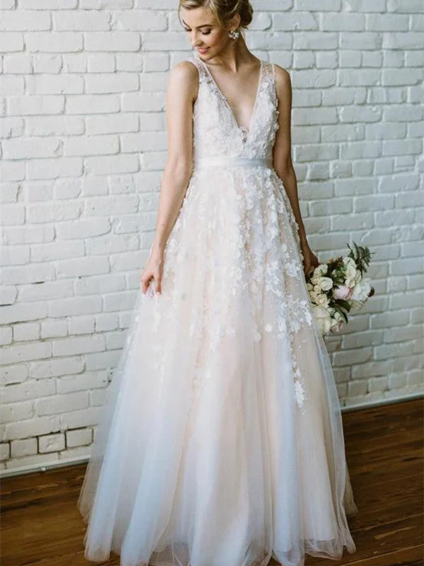 Blowout Sale A Line V Neck Lace Tulle Champagne Wedding Dresses, Champagne Lace Prom Dresses, Formal Dresses Blowout Sale A Line V Neck Lace Tulle Champagne Wedding Dresses, Champagne Lace Prom Dresses, Formal Dresses