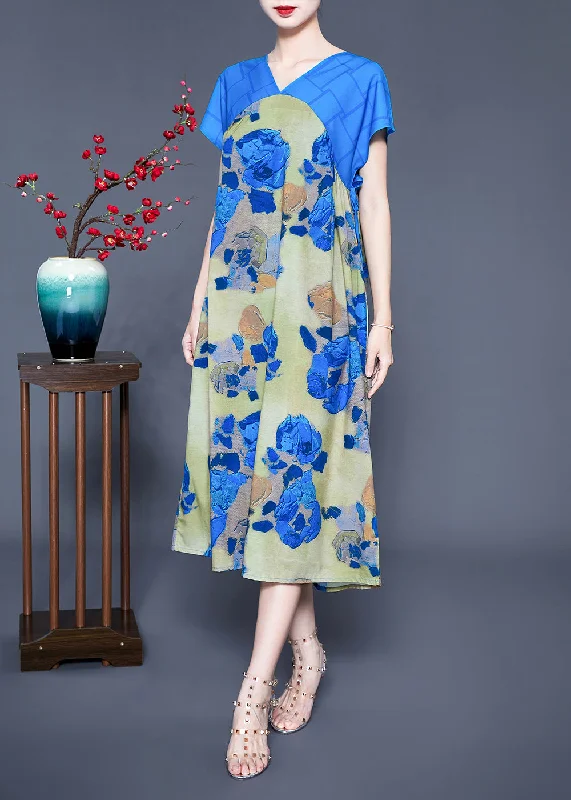 puff sleeve dresspuff sleeve dressCasual Blue V Neck Patchwork Print Silk Holiday Dress Summer