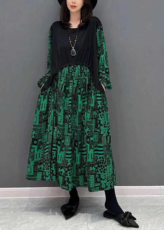 comfy maxi dresscomfy maxi dressBoho Green O-Neck Patchwork Drawstring Cotton Maxi Dresses Fall