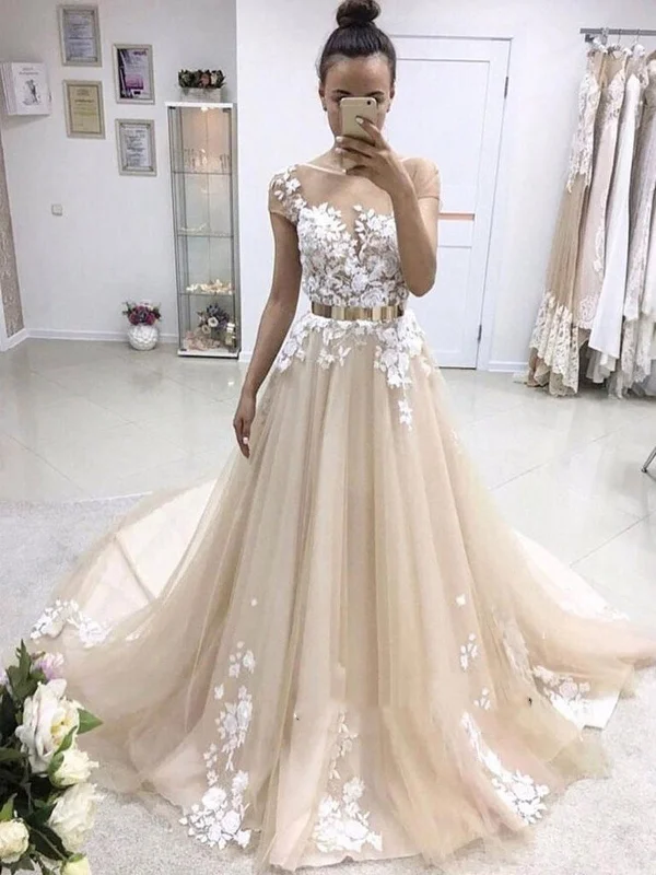 Super Bargain Custom Made Champagne Round Neck Short Sleeves Sweep Train Lace Prom Dress, Champagne Formal Dress, Wedding Dresses Super Bargain Custom Made Champagne Round Neck Short Sleeves Sweep Train Lace Prom Dress, Champagne Formal Dress, Wedding Dresses